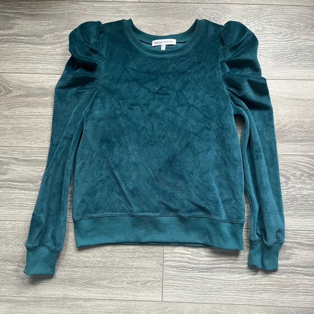 Rebecca Minkoff Teal Blue Green Long Puff Sleeve Velvet Velour Sweater Size XS